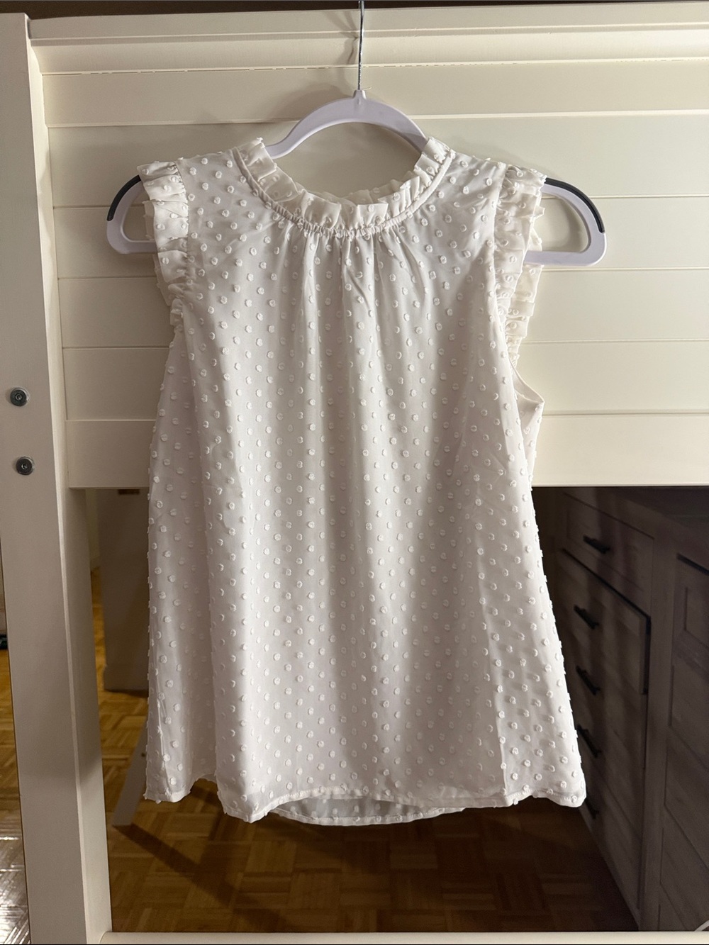 J. Crew Ivory Swiss Dot Sleeveless Ruffle Neck Blouse